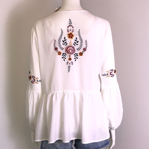 White Boho Embroidered Tie Front Blouse - Picture 8 of 8